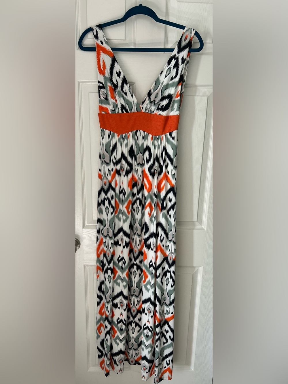 Sleeveless V-Neck Maxi Dress in Orange and Black Ikat Print